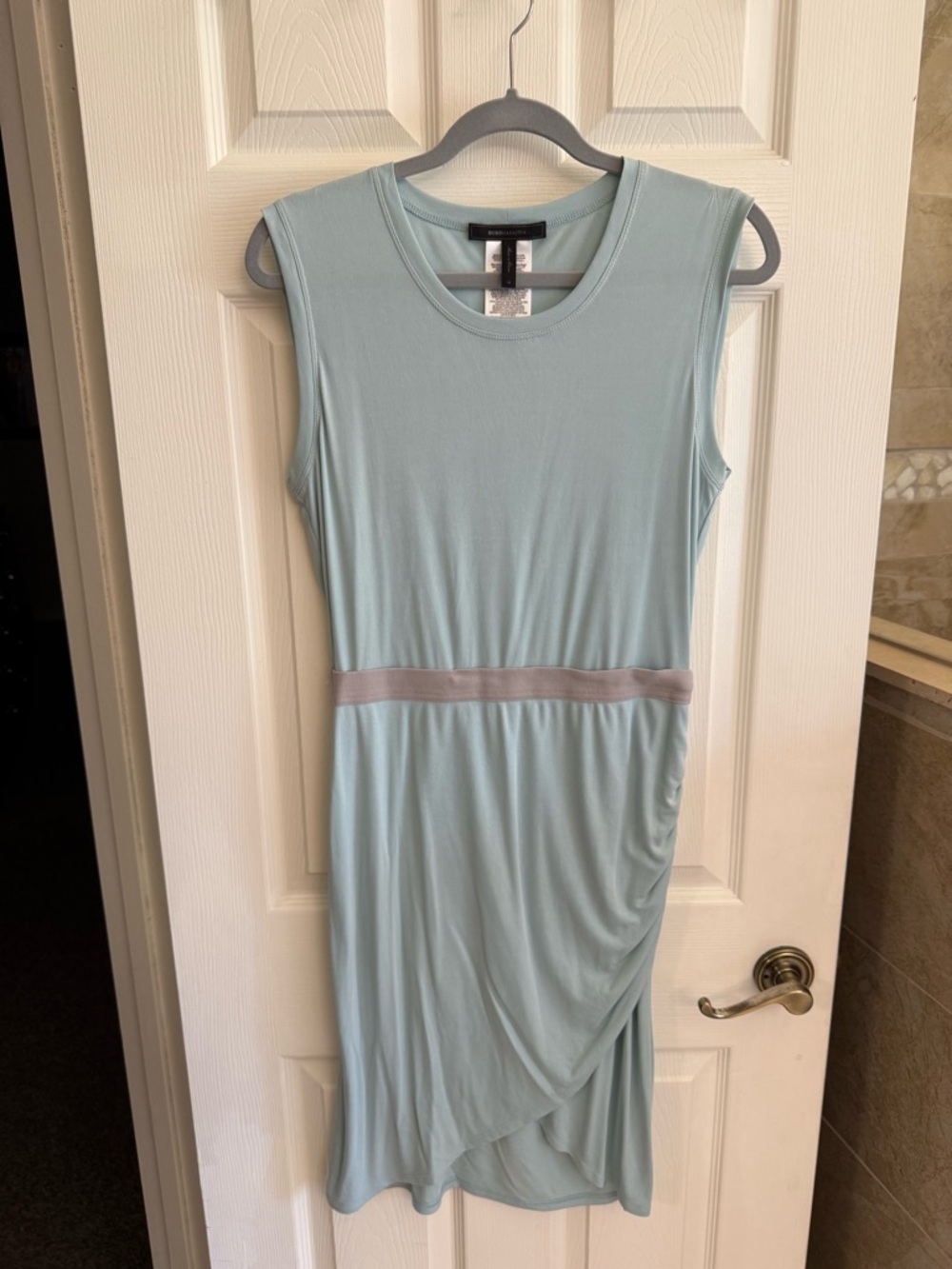 BCBGMaxAzria Sleeveless Light Blue Midi Dress with Gray Waistband